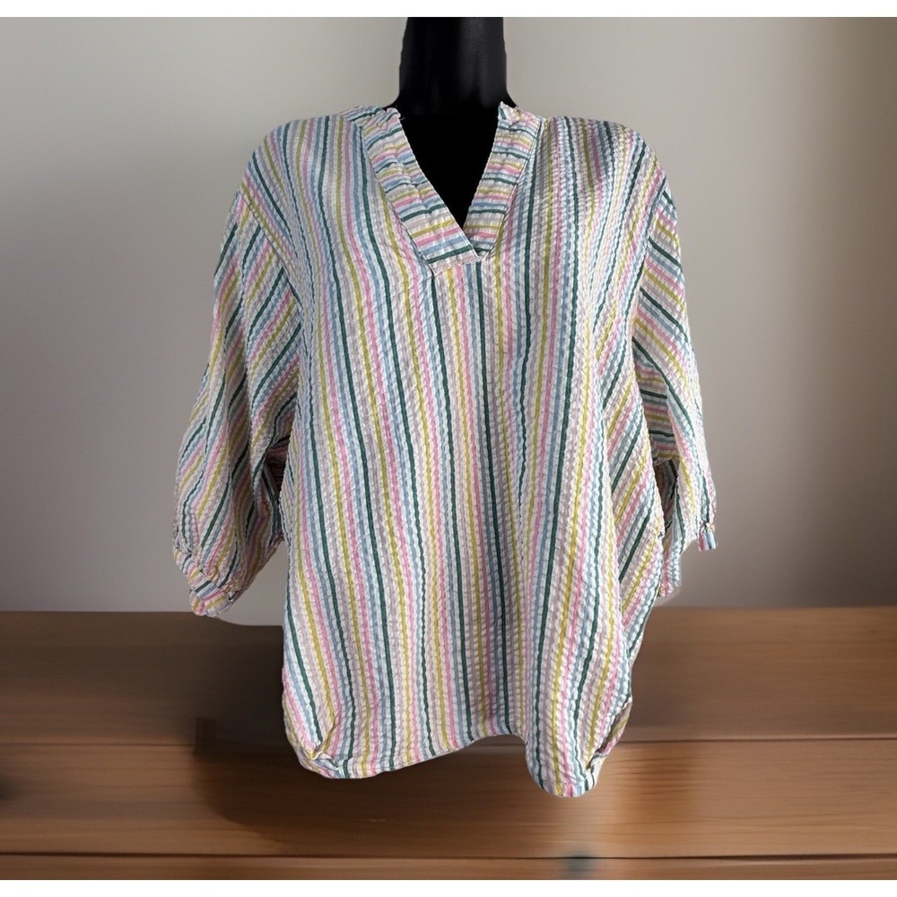 Ivy Jane Cotton Gauze Top M/L Striped Balloon Sleeve Billowy Beachy Dopamine